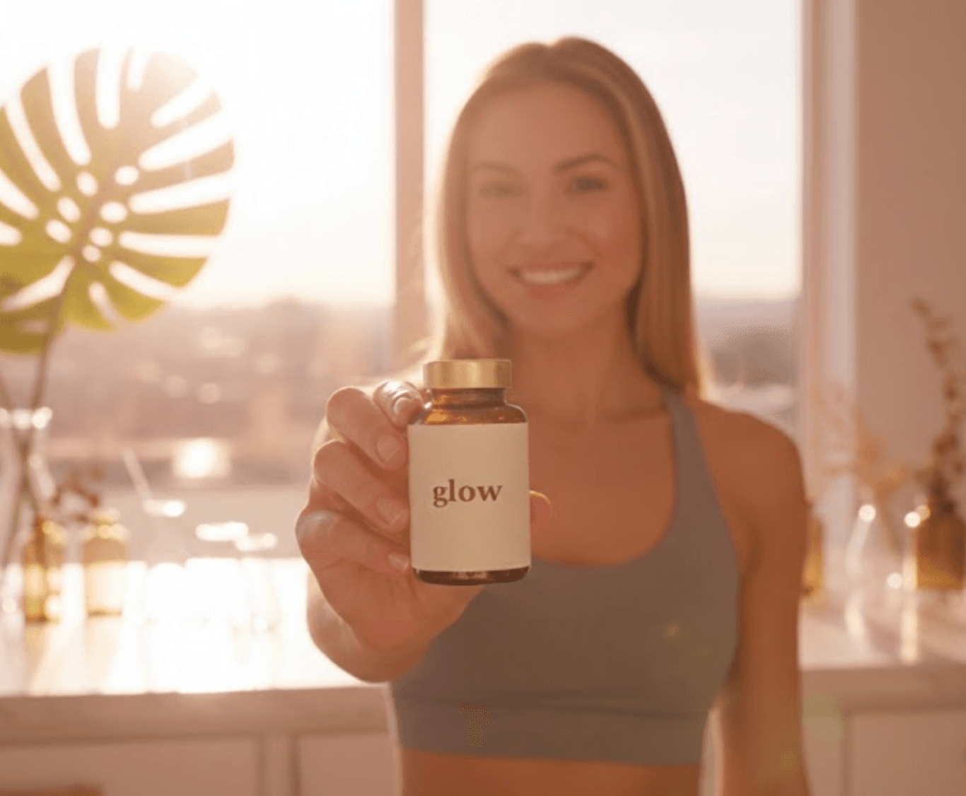 Woman holding Glow Biome probiotic bottle
